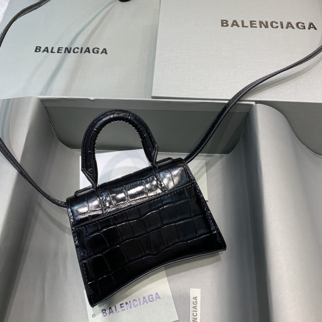 Balenciaga Hourglass Mini Handbag Crocodile Embossed Shoulder Bag Black 